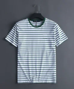 Men's pure cotton crew-neck striped T-shirt with a small pony logo